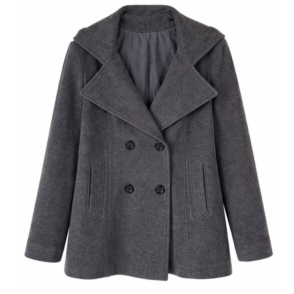 AK Anne Klein  Size XL  Gray Hooded Peacoat Wool Blend Double-Breasted Coat